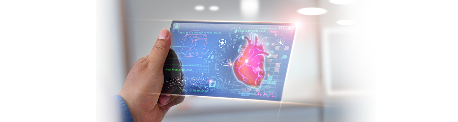 The doctor looks at the hologram of Heart, Medical innovation technology concept. Digital healthcare and network connection on interface, Science. Medical technology.